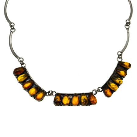 Coliere si lanturi argint - Colier din argint vintage chihlimbar natural Drop design minimalist stil Art Deco atelier european