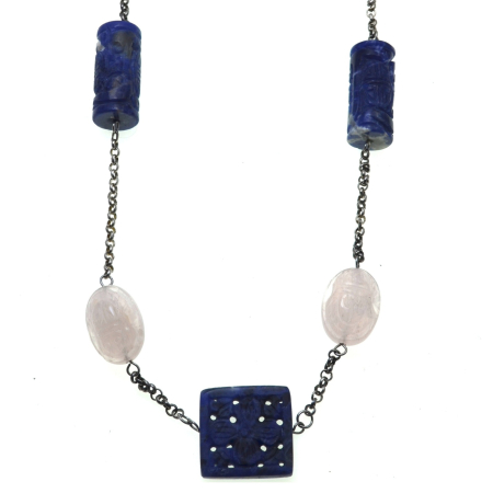 Coliere si lanturi argint - Colier din sodalit si cuart roz sculptat, atelier australian