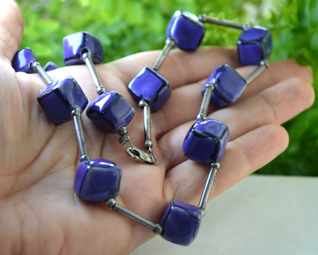 Colier vintage, elemente argint si bile Purple ceramica glazurata [3]