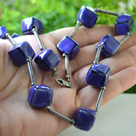 Colier vintage, elemente argint si bile Purple ceramica glazurata [1]