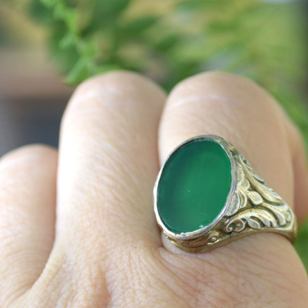 Inel argint antic Chevalier cu Green Agate, Art Nouveau A Vintage Collection [1]