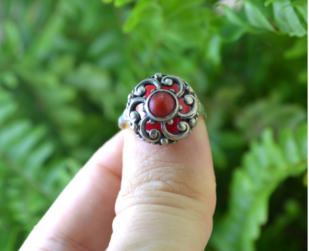 Inel argint antic, coral, Jugendstil [3]