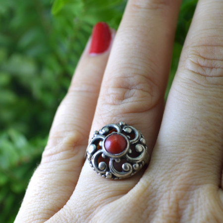 Inel argint antic, coral, Jugendstil [1]