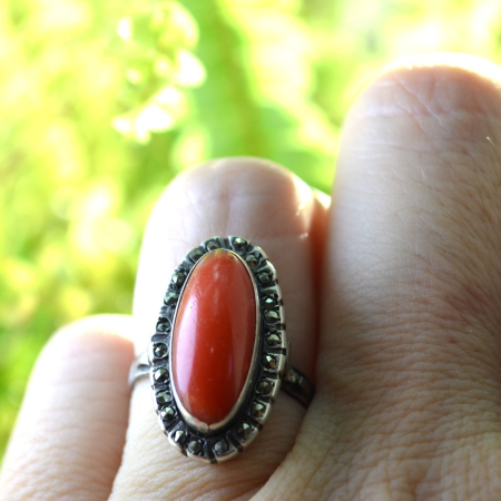 Inel argint Art Deco, coral natural si marcasite [1]