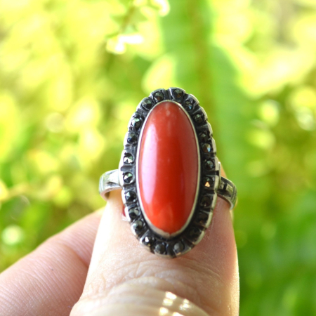 Inel argint Art Deco, coral natural si marcasite [3]