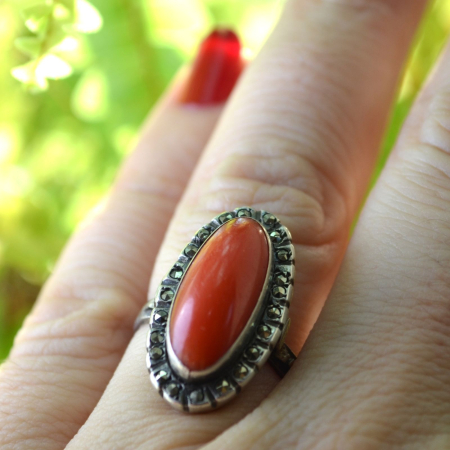 Inel argint Art Deco, coral natural si marcasite [2]