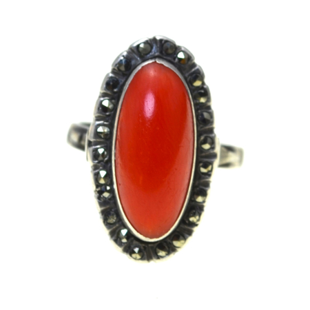 Inele argint - Inel argint Art Deco, coral natural si marcasite