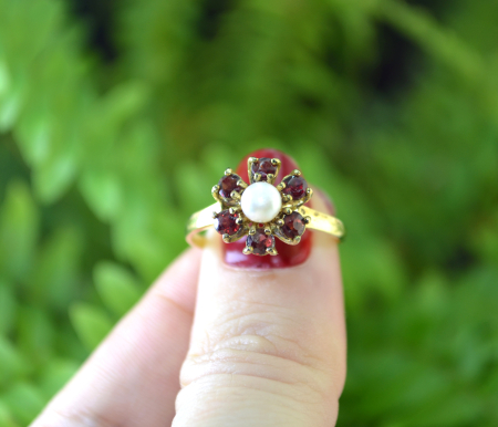 Inel argint aurit vintage, granate si perla [3]