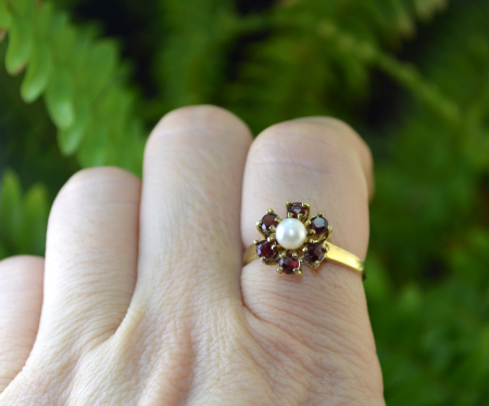 Inel argint aurit vintage, granate si perla [2]