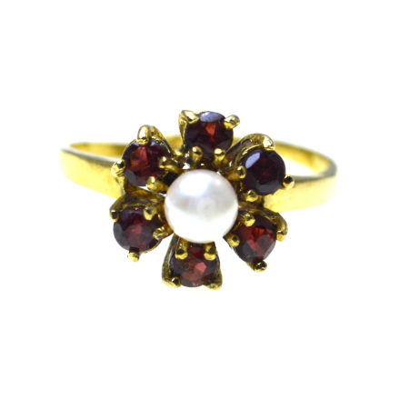 Pietre semipretioase si pretioase - Inel argint aurit vintage, granate si perla