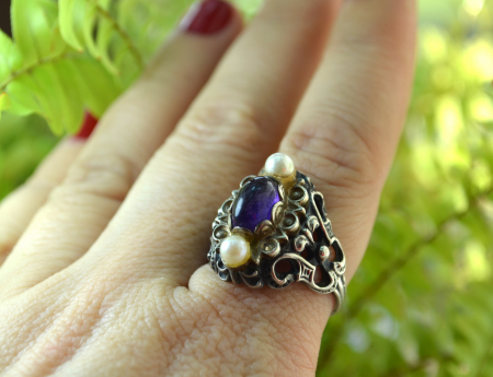 Inel argint Baroque, ametist natural si perle [2]
