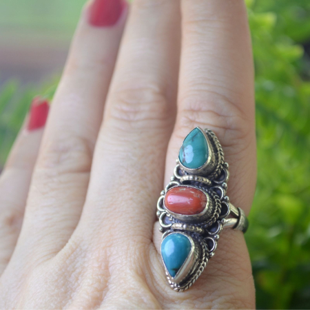 Inel argint etnic statement vintage, turcoaz si coral A Vintage Collection [1]
