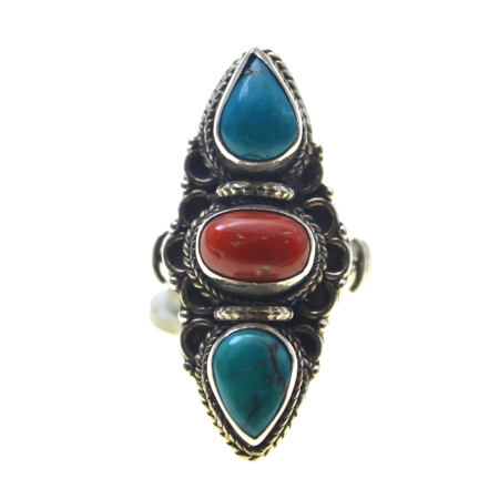 Pietre naturale - Inel argint etnic statement vintage, turcoaz si coral A Vintage Collection