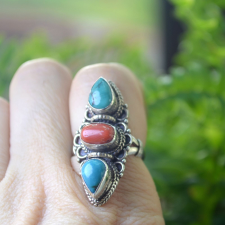 Inel argint etnic statement vintage, turcoaz si coral A Vintage Collection [2]