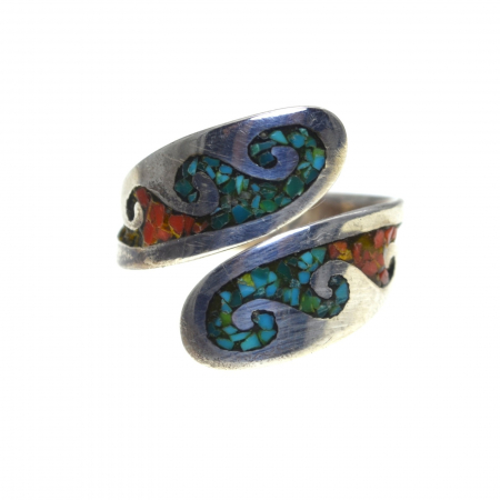 Inele argint - Inel argint etnic Zuni, mozaic turcoaz si coral