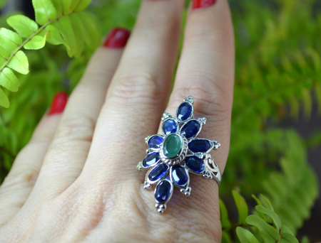 Inel argint rodiat, smarald si kyanite naturale [1]