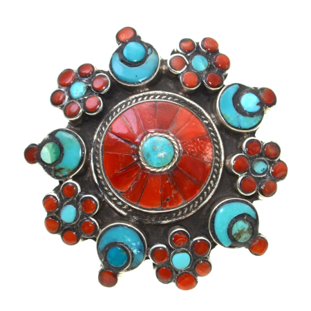 Inele argint - Inel argint tibetano-nepalez masiv, turcoaz si coral a Vintage Collection