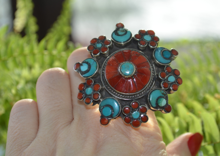 Inel argint tibetano-nepalez masiv, turcoaz si coral a Vintage Collection [1]