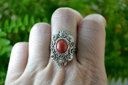 Inel argint vechi balcanic, filigran, coral natural [1]