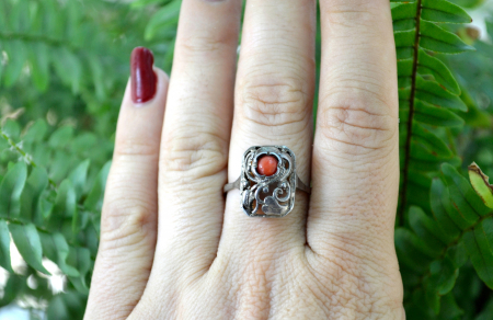 Inel argint vechi, coral natural, Jugendstil [1]