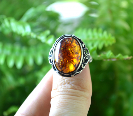 Inel argint vintage, chihlimbar natural, montura florala [3]