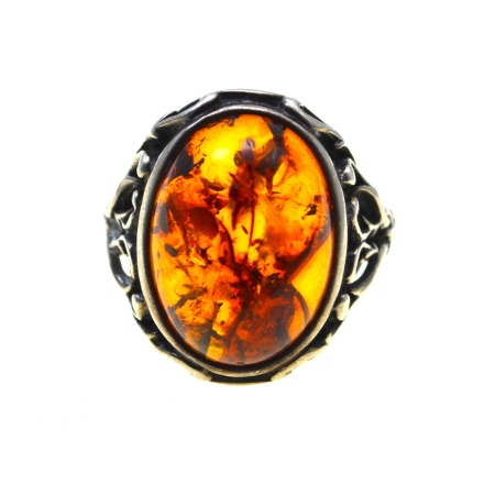 Inele argint - Inel argint vintage, chihlimbar natural, montura florala