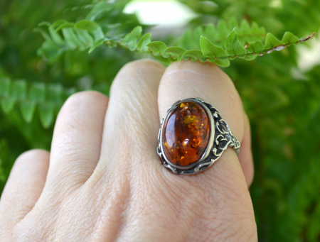 Inel argint vintage, chihlimbar natural, montura florala [1]