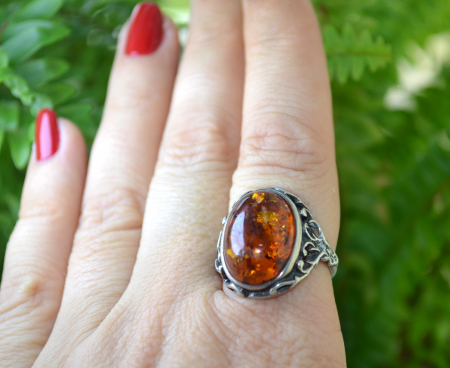 Inel argint vintage, chihlimbar natural, montura florala [2]