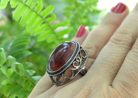 Inel argint vintage, chihlimbar natural, Polonia [1]