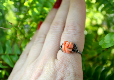 Inel argint vintage Coral natural Sardinia model trandafir sculptat manual [2]