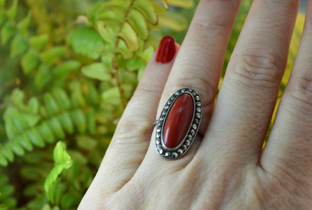 Inel argint vintage decorat coral natural marcasite stil art deco [1]