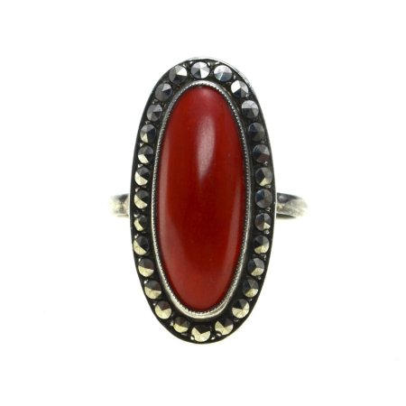Pietre naturale - Inel argint vintage, coral natural si marcasite