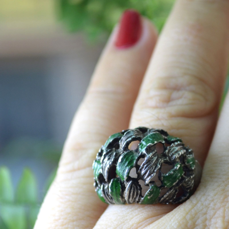 Inel argint vintage Dome cu email verde, semnat A Vintage Collection [1]