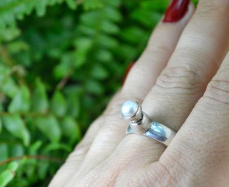 Inel argint vintage perla naturala solitaire design modernist relief [1]