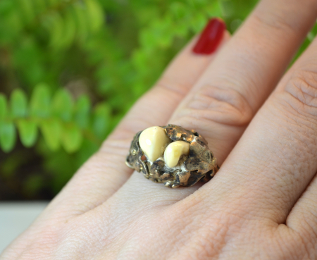 Inel din argint aurit vechi, Charivari, perle de caprioara [2]