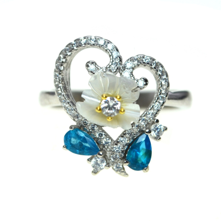 Pietre semipretioase si pretioase - Inel din argint, Blue Apatite, sidef si cristale CZ