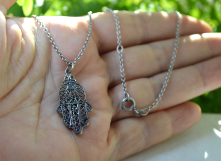 Lant argint amuleta argint vintage Hamsa, Agat verde [1]