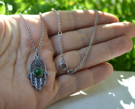 Lant argint amuleta argint vintage Hamsa, Agat verde [3]