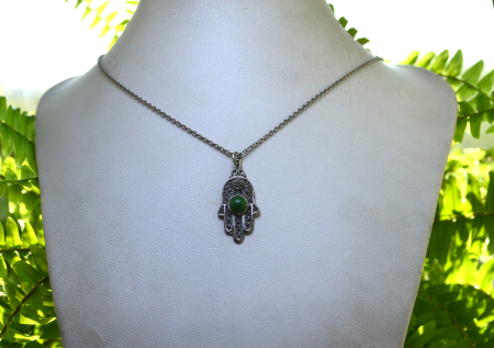 Lant argint amuleta argint vintage Hamsa, Agat verde [2]