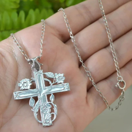 Lant argint crucifix religios ortodox cruce crestina trandafiri [1]