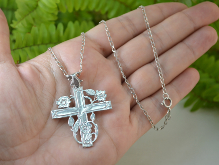 Lant argint crucifix religios ortodox cruce crestina trandafiri [1]