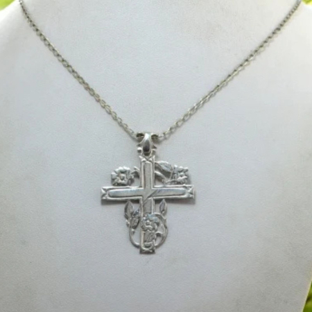 Lant argint crucifix religios ortodox cruce crestina trandafiri [3]