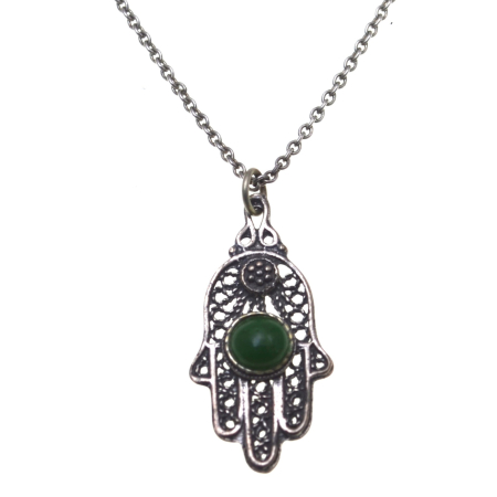 Coliere si lanturi argint - Lant argint amuleta argint vintage Hamsa, Agat verde