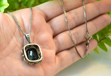 Lant argint pandant antic Bohemian Green Emerald Crystal art nouveau jugendstil [2]