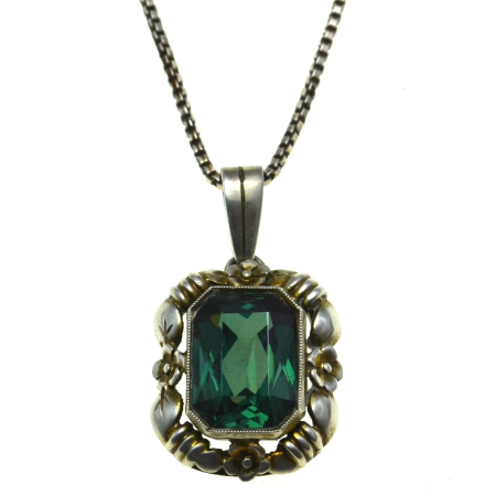 Bijuterii de colectie - Lant argint pandant antic Bohemian Green Emerald Crystal art nouveau jugendstil