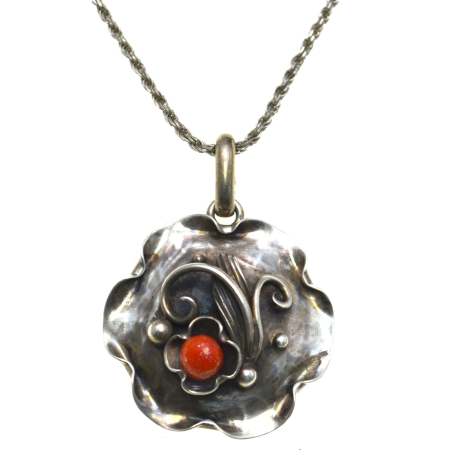 Coliere si lanturi argint - Lant argint cu pandant antic Jugendstil, coral rosu