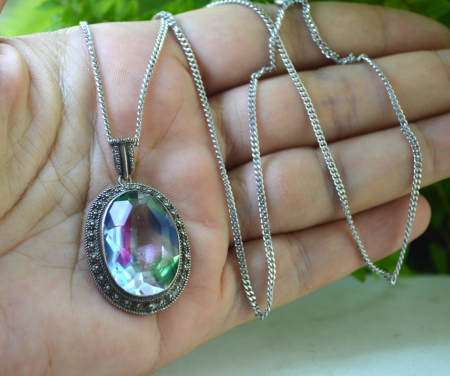 Lant argint cu pandant argint Art Deco, Czech Bohemian Rainbow Art Glass [1]