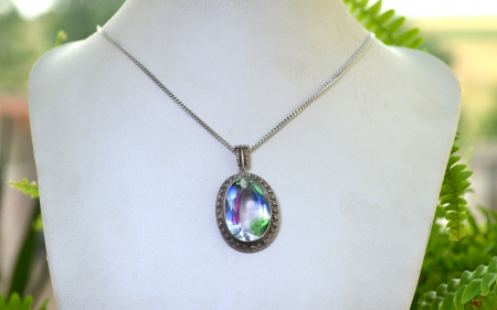 Lant argint cu pandant argint Art Deco, Czech Bohemian Rainbow Art Glass [3]