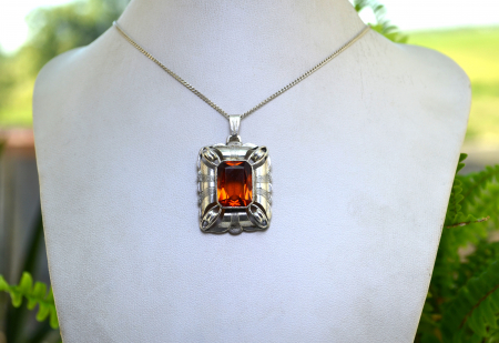 Lant argint cu pandant argint interbelic, Bohemian Cognac Crystal [3]