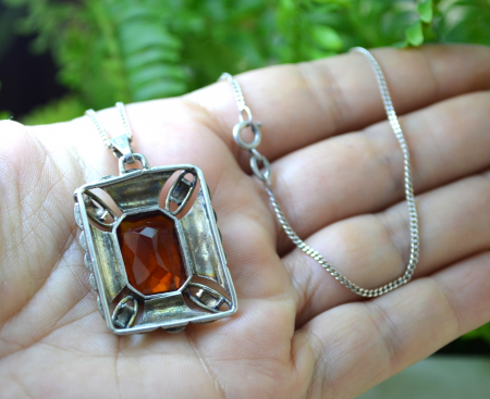 Lant argint cu pandant argint interbelic, Bohemian Cognac Crystal [2]